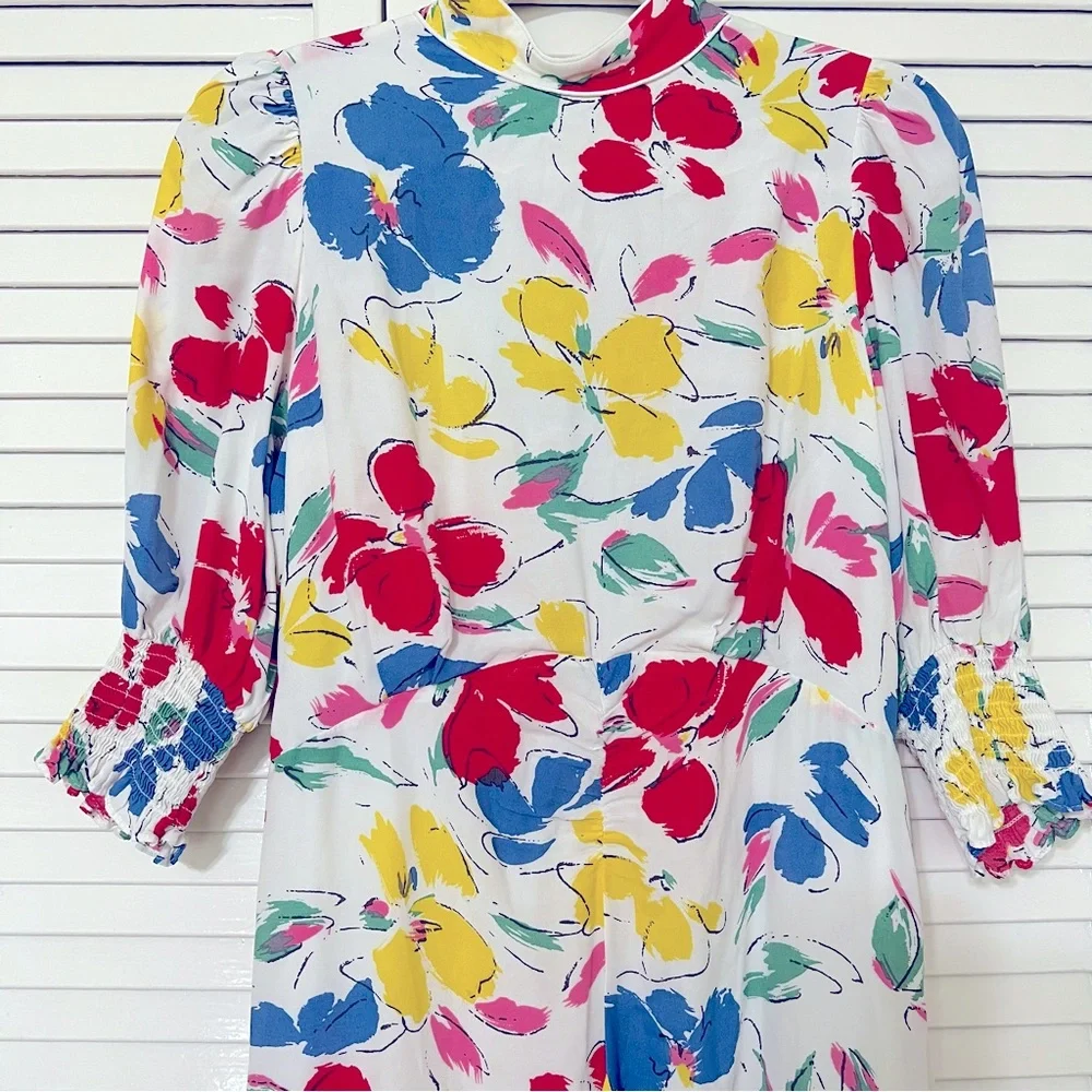 Rixo white Floral multicolored Mock Neck Cascade Ruffle Dress short sleeves sz 6 - Picture 4 of 16